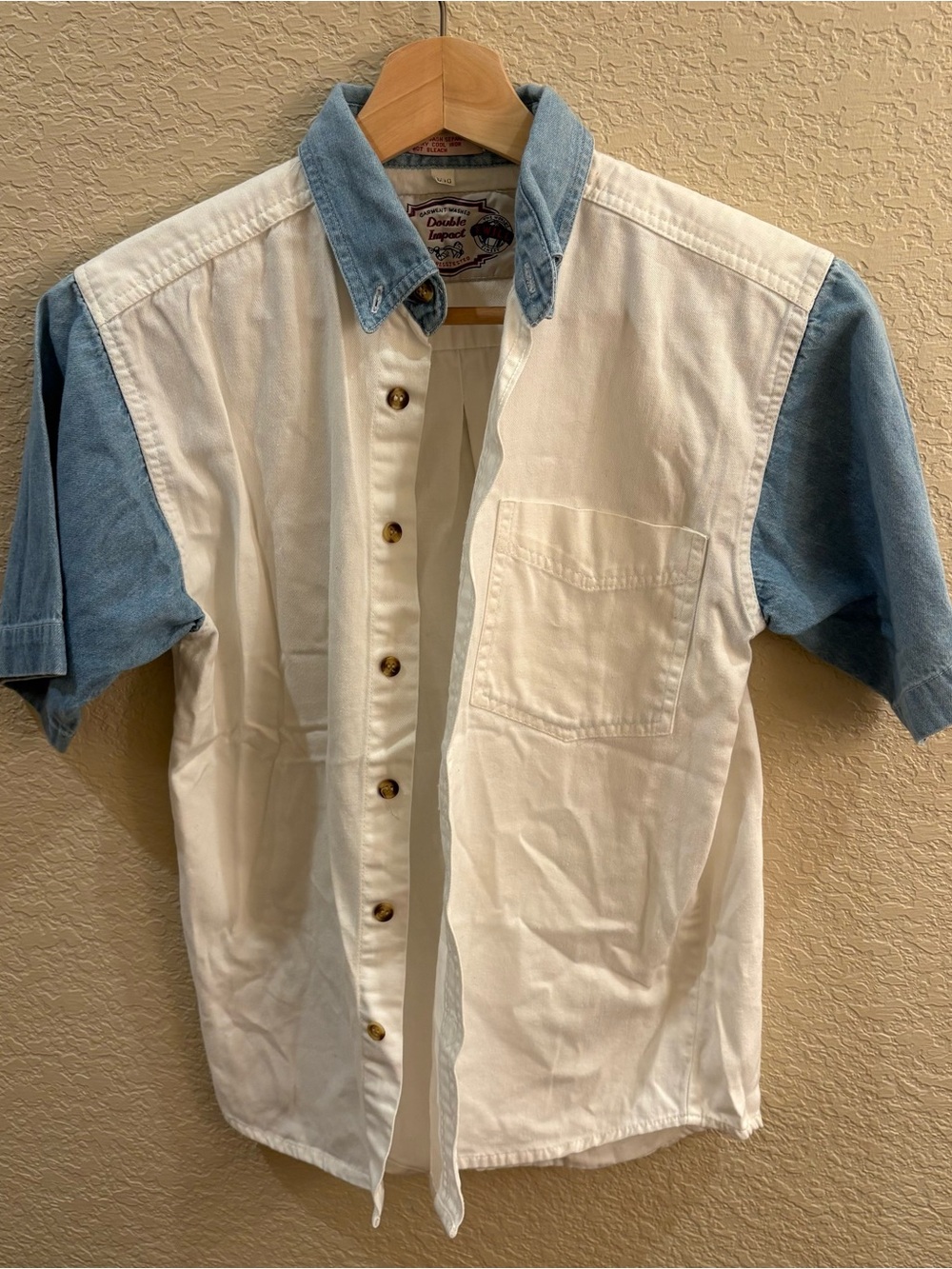 Vtg 90s Double Impact Boy's Colorblock Denim Short Sleeve Button Down Shirt 8-10